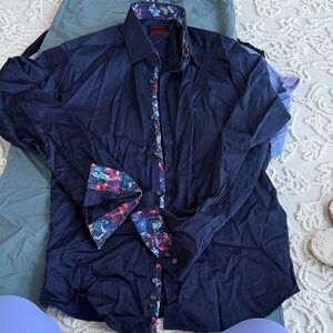 Jared Lang Dark Blue Shirt with Multicolor Trim